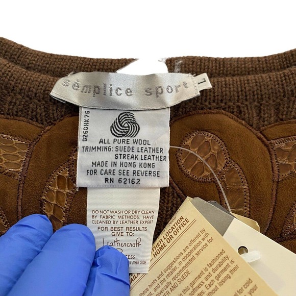 Vintage Semplice Sport Pure Wool Suede/leather Trimming Sweater Size Large - Picture 5 of 9